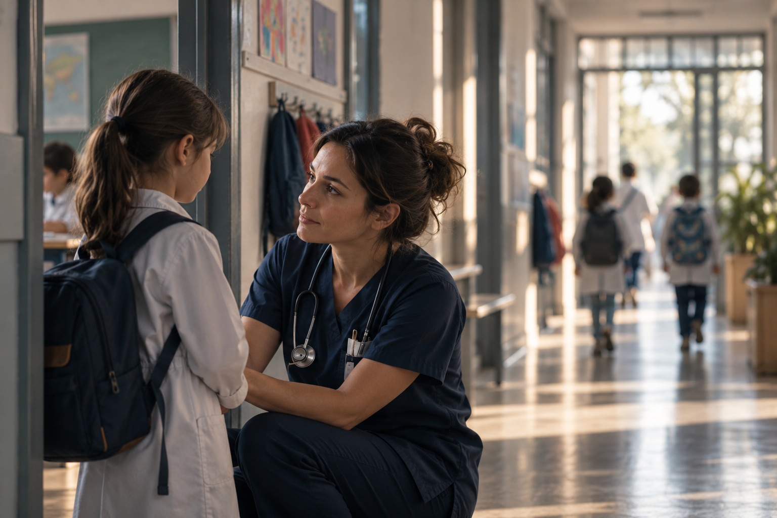 Profesional de enfermería conversando con una niña en un pasillo escolar. Escena ficticia generada con IA.